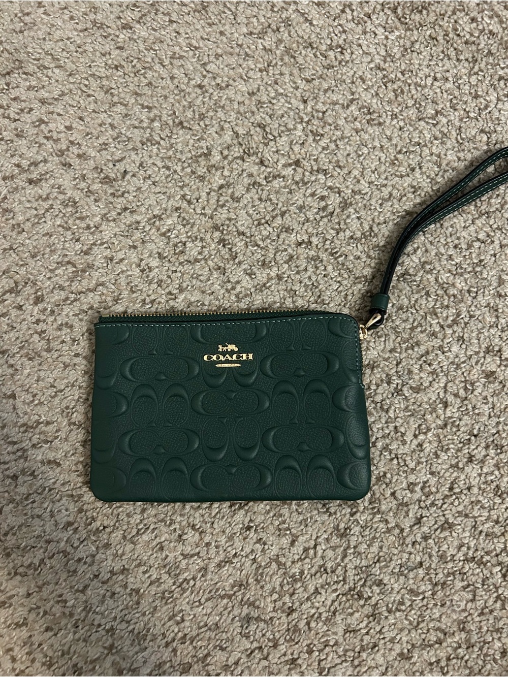 Coach Dark Green Embossed Leather Wristlet with Gold Logo